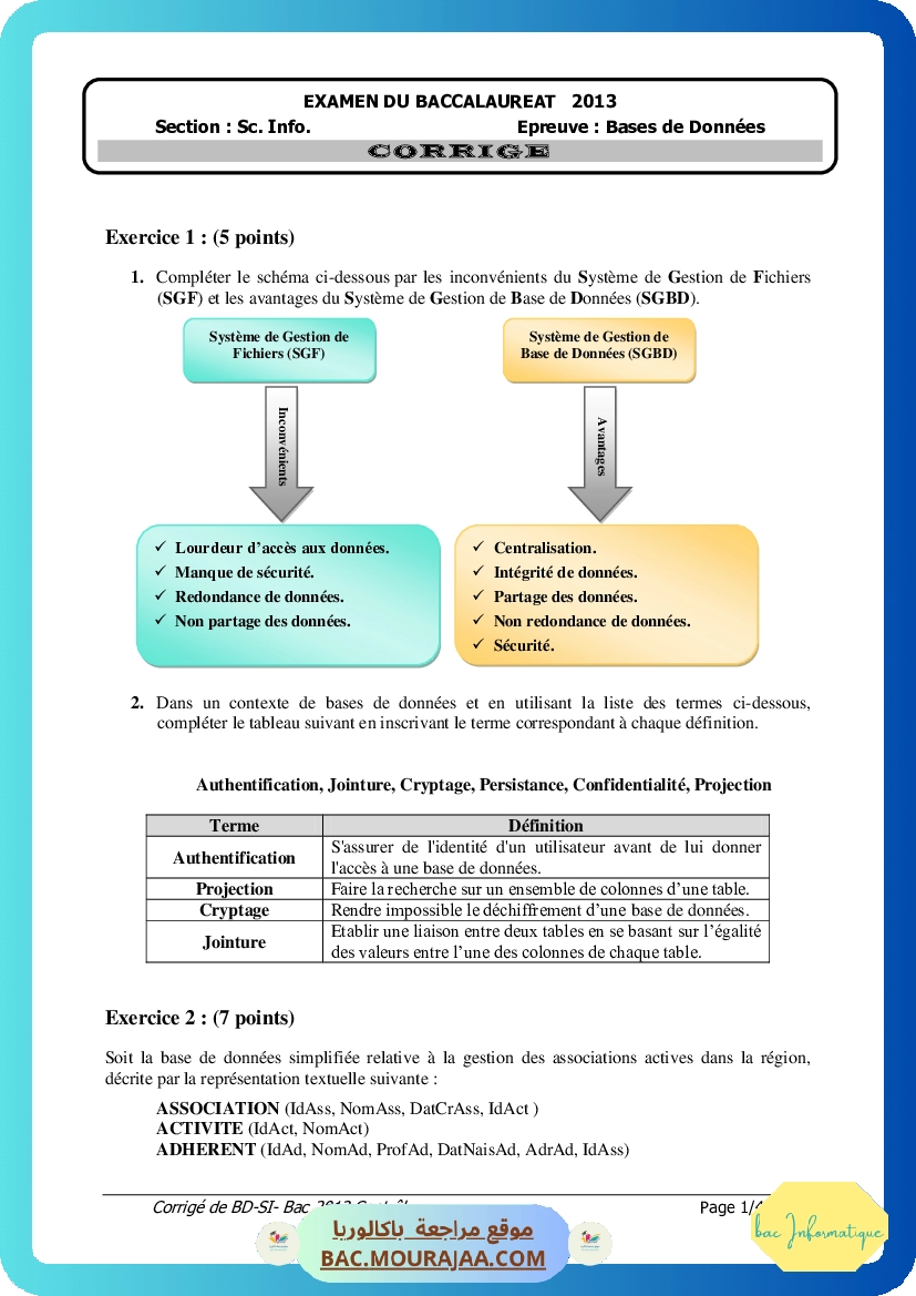 Corrigé controle bd Bac 2013 – Section info